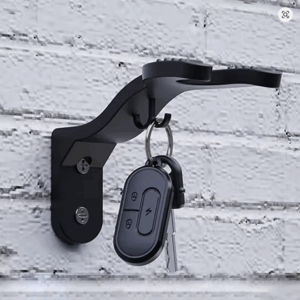Wall-Mount Motorcycle Helmet Hook made of sturdy metal with a sleek black finish, shown against a neutral background