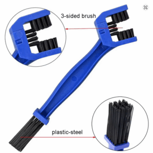 Motorcycle and bicycle chain cleaning brush with three-sided scrubber tool featuring stiff bristles on all sides, shown against a neutral background.