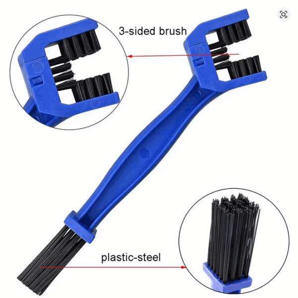 Motorcycle and bicycle chain cleaning brush with three-sided scrubber tool featuring stiff bristles on all sides, shown against a neutral background.