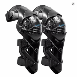Motorcycle knee and shin guards laid out against a neutral background, showing full-length motocross protective pads with adjustable straps and reinforced armor panels.