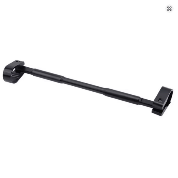 Black adjustable aluminum motorcycle handlebar crossbar mounted on a neutral background