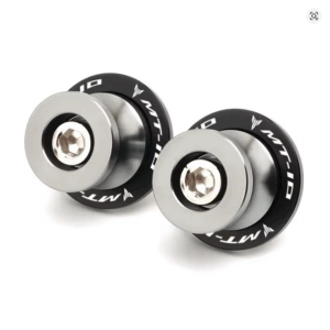 Titanium swingarm spools for Yamaha MT-10, shown as pair of sleek metallic stand sliders with 6mm mounting bolts, placed against a neutral background.
