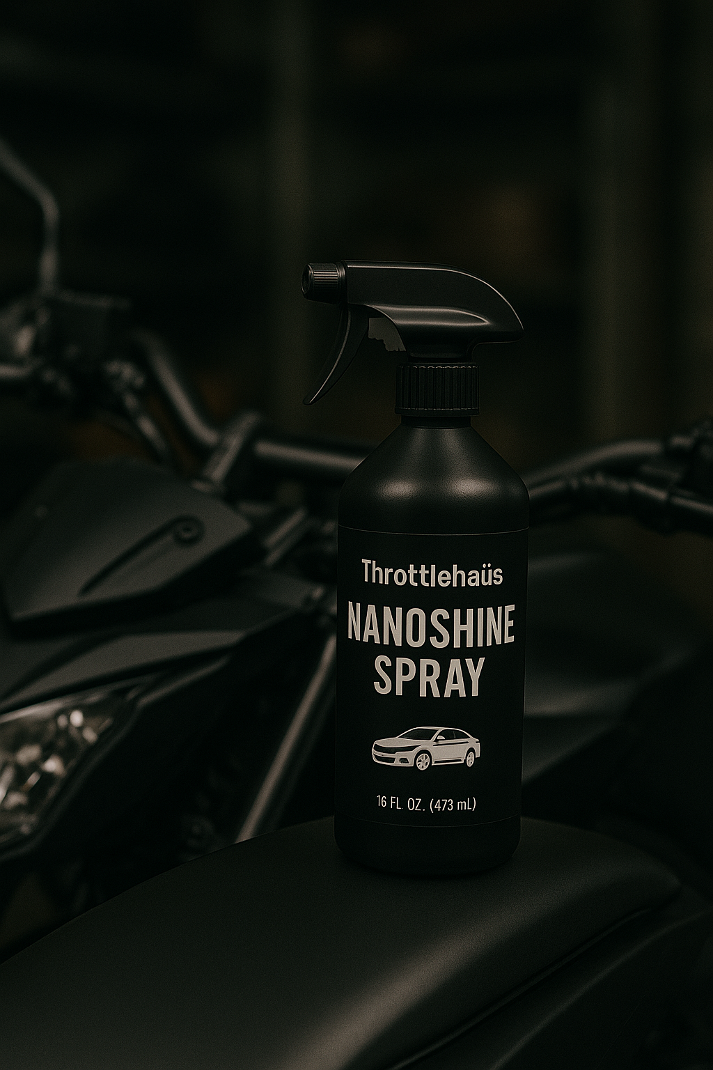 A clear photo of a Throttlehaüs NanoShine Spray bottle against a neutral background.