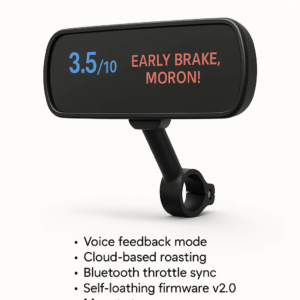 RiderIQ Smart Mirror displaying a digital dashboard with rider analytics and navigation against a neutral background