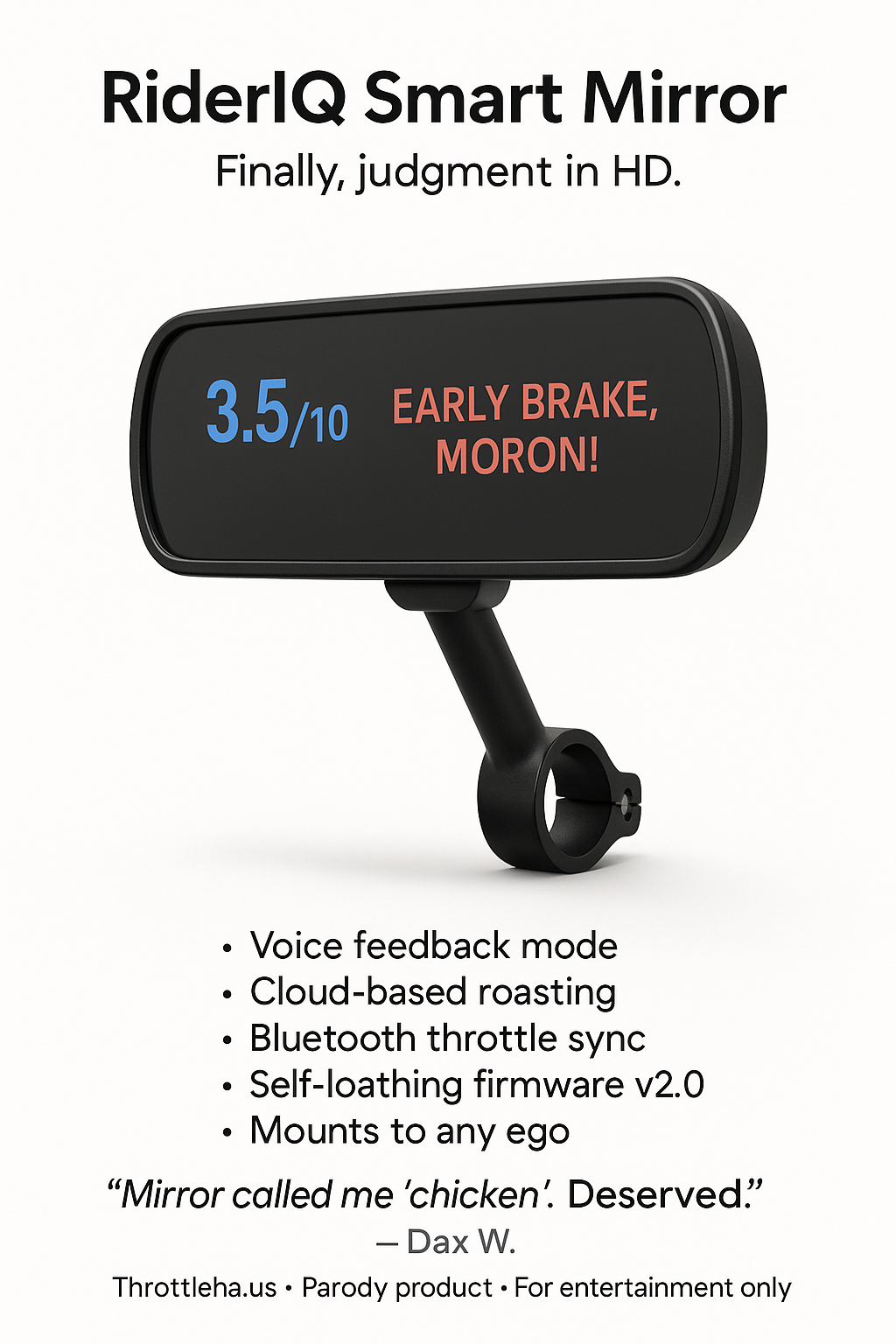 RiderIQ Smart Mirror displaying a digital dashboard with rider analytics and navigation against a neutral background
